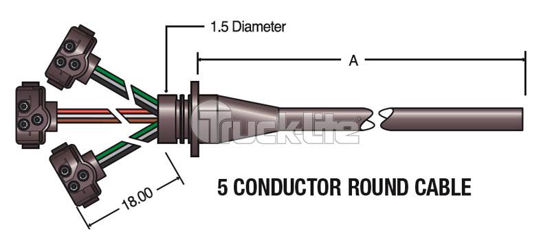72&quot; RH 3 PLUG S/T/T HARNESS 5 CONDUCTOR ROUND CABLE